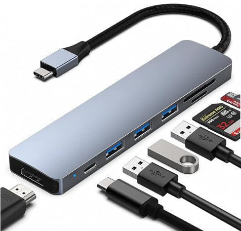 NFMAXONE Hub USB C 7 en 1, Adaptador Tipo C Hub USB con HDMI 4K, Docking Station con Puertos USB 3.0, Compatible con Macbook Pro/Air, iPad Pro, iMac, iPhone 16 15 Pro/Pro MAX – Lector SD/TF