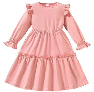 puseky Toddler Girl's Fall Dresses Ruffle Sleeve Tiered Swing Casual Sundress with Pockets for Little Girls 5-6 Years