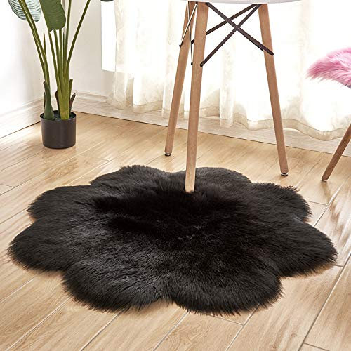 YUGWNN Schwarz Flausch Teppich Bettumrandung Fell füR Couch,Lammfell Stuhlauflage Dekofell,BlüTendurchmesser 100cm/39,3in