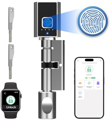 Dhiedas Elektronisches Türschloss Mit Fingerabdruck, Smart Lock Für Haustüren, Wasserdicht, Unterstützt App Und Schlüssel, Euro-Zylinderschloss Geeignet Für Türen Von 60-80 mm, Silber