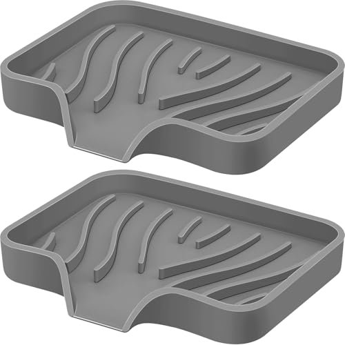 Silicone Soap Dish with Drain, SAISN Kitchen Soap Tray for Shower 2 Pack Self Draining Soap Dish Soft Bathroom Soap Holder for Kitchen Sink Flexible Portable Soap Saver, Grey