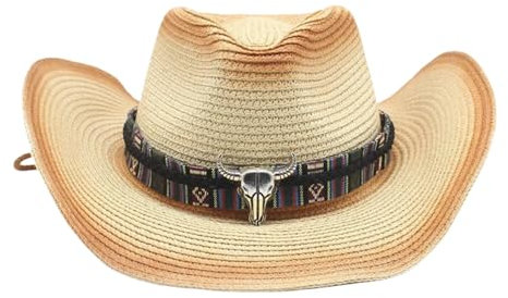 Sombrero de Cowboy de Paja Mujer Hombre Sombrero de Vaquero Panamá con Banda Occidental Western Cowboy/Cowgirl Hat Sombrero de Playa de Verano Gorro de Sol (FR/ES, Letras, Talla única, Beige 2)