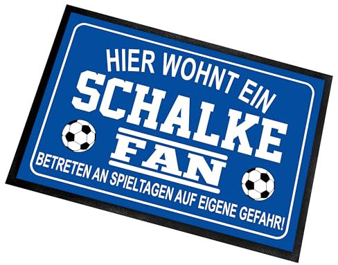 Fußmatte für Fußball Fans | Türmatte mit Spruch | 60x40cm | Hier wohnt EIN Schalke Fan - Betreten an Spieltagen auf eigene Gefahr! | für innen und außen | Vorleger für die Haustür/Flur