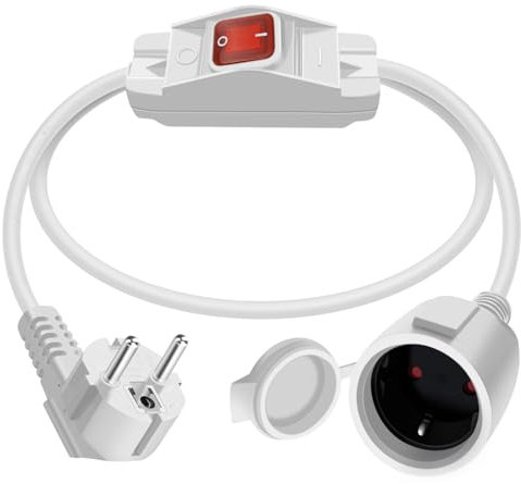 HuaLiSiJi Prolunga Schuko con Interruttore 16A 250V Cavo di Prolunga Schuko con Interruttore 3x1.0mm² Impermeabile Presa IP44 per Esterno o Interno, Casa, Ufficio (90° Bianco, 1.5m)