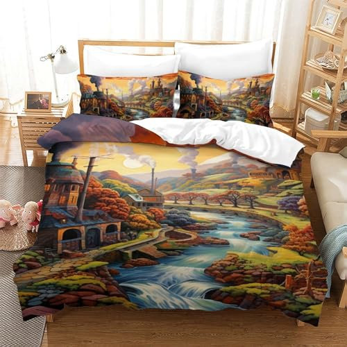 FSHAOETCO Berghütte 3D Mikrofaser Bettwäsche Junge Mädchen Bettwäsche Set Bettbezug Mit Reißverschluss Und Kissenbezug Single(140x200cm)