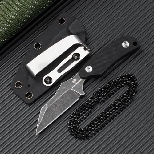 DRACHENADER X-WH Couteau De Cou, Wharncliffe D2 Acier, Lame De 7, 6 cm Neck Knife Mini, Full Tang, Avec Étui En Kydex, Chaîne À Billes Et Clip Ceinture