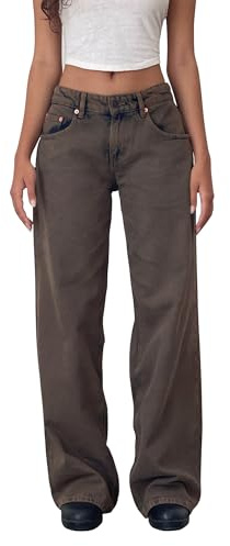 Womens Y2K Low Rise Baggy Jeans Straight Wide Leg Boyfriend Trousers Casual Loose Fit Denim Pants Streetwear (D-Dark Brown, XL)