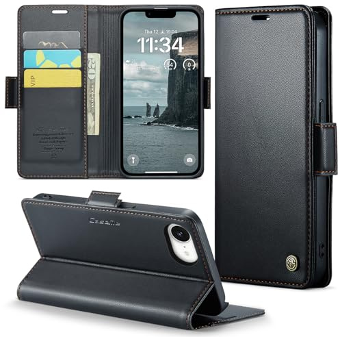 Rerzoiro Handyhülle für iPhone 16e Hülle, Premium PU Lederhülle Klappbar Flip Case [RFID Blocker] Tasche Magnet Kartenfach Klapphülle Schutzhülle für Apple iPhone 16e, Schwarz