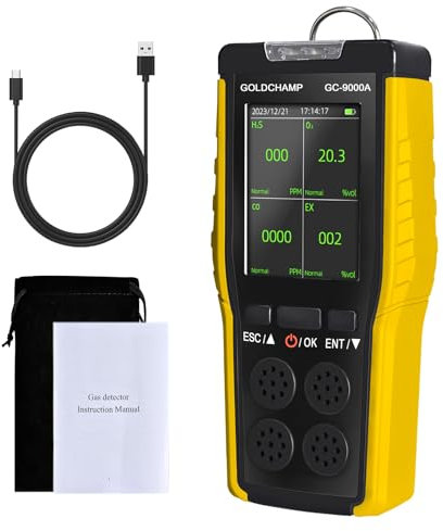 4-in-1 Portable Gas Detector for Combustible/O2/H2S/CO, Sound/Light/Vibration Alarm & LCD Display Explosion-Proof Gas Leak Detectors for Home Steel Mills Mining Fire Tunnels GOLDCHAMP