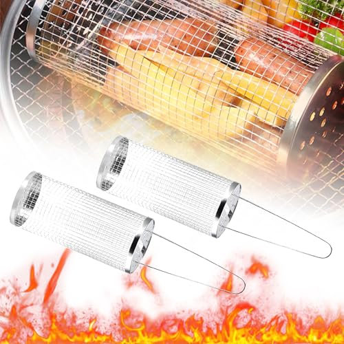 2 Pcs Rolling Grill Basket for BBQ, 304 Stainless Steel, Vegetable and Shrimp BBQ Grilling Basket, BBQ Accessories Tools for Outdoor Cooking, Camping, Gifts for Men Dad or Husband who love grilling