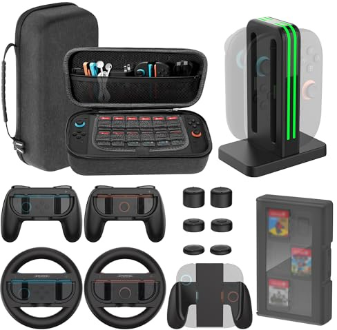 NEWZEROL Switch 2 (2025) 14-in-1 Accessories Bundle with Carrying Case | Carrying case bundle, Joy-Con charging dock, game card storage, thumb grips, steering wheels, gaming accessories set