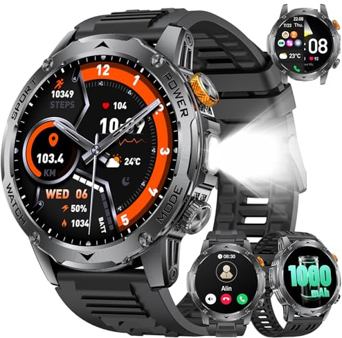 LIGE Montre Connectée Homme avec Appel Bluetooth-1000mAh Batterie,1.75 HD Grand Écran/LED Lampe,24/7 Sommeil/Fréquence Cardiaque,110 Sportifs IP68 Étanche Smartwatch Homme pour Android iOS, Silicone