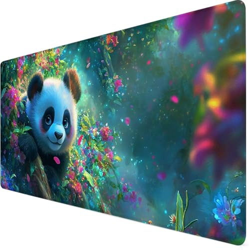 Tapis de Souris Panda géant Tapis de Souris Gamer XXL 700x300x3mm Mouse Pad Fleur, Bords Surpiqués, Base en Caoutchouc Imperméable et Antidérapante, Améliore la Précision et la Vitesse, Jeux Y7-181