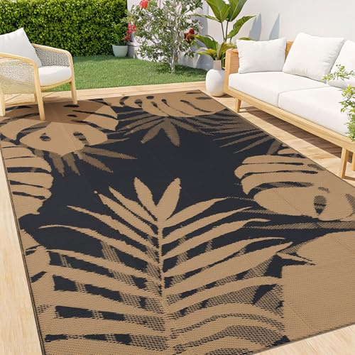 Homaxy Outdoor Teppich Wetterfest, Kunststoff Stroh Faltbar Waschbar UV-beständig Wendbar Balkon Garten Teppich für Terrasse Camping Picknick - 120 x 180 cm, Braun & Schwarz