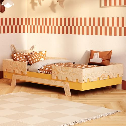 smartwood Kinderbett 100x200 6in1 - Montessori Bett aus Naturholz in Gelb mit Rausfallschutz & Lattenrost bis 230 kg - Kinderbett ab 2 Jahre für Kinder - FSC-Zertifiziert - Puzzle BR2