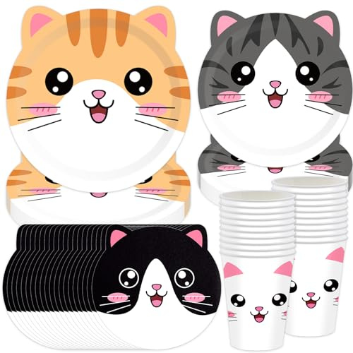 60 Piece Cat Party Tableware Set, Animal Themed Party Supplies, Kids' Decor Items, Cat Birthday Plates, Cups, Napkins, Tablecloth (20 Guests)