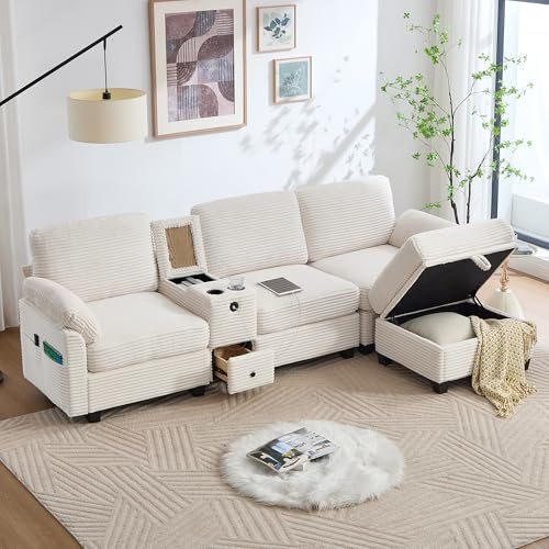 Großes Cord-Sofa mit Komfortschaum. Ausstattung: Abnehmbare Mittelkonsole (2 Cup-Halter + Stauraum),USB-C-Anschluss,Seitentasche, Stauschublade, beweglicher Stau-Ottoman. Für Komfort und Funktion.