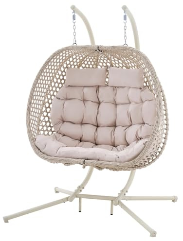 More4Homes SICILY GARDEN DOUBLE EGG CHAIR OUTDOOR INDOOR FOLDING RATTAN METAL HANGING SWINGING CHAIR (Beige)