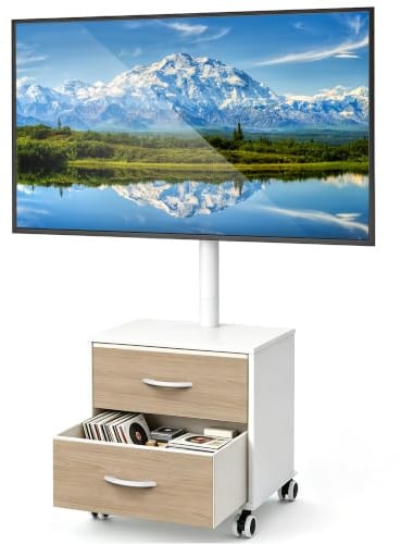 5Rcom Supporto TV bianco su ruote per TV LED LCD OLED al plasma da 32-60 pollici, mobile TV piatto curvo regolabile in altezza con staffa fino a 40 kg, supporto mobile per TV con cassetti max VESA 400