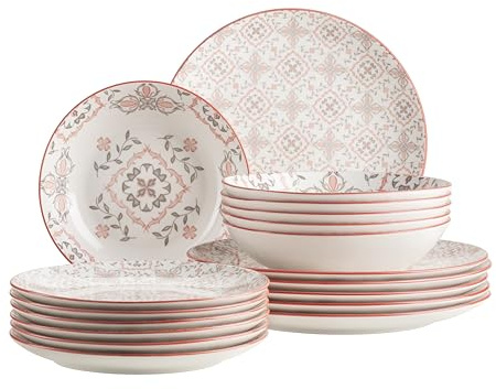 MÄSER Serie Granada, Teller Set 18-teilig für 6 Personen, Porzellan, Gelb-Grün (Grau-Rot)