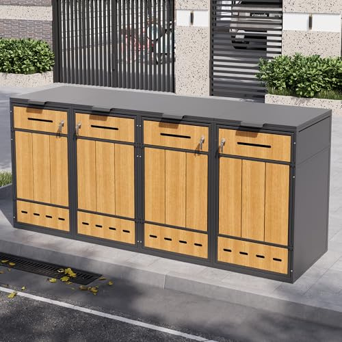 Cache-poubelles à 4 compartiments avec couvercle rabattable et porte avant - Résistant aux intempéries - En métal - Pour 4 poubelles de 120 à 240 litres - Avec aspect bois et ventilation - Avec