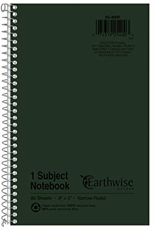 Ampad Single Wire Notebook, Recycled, Size 8x5, 1 Subject,Green Cover, Narrow Ruled, Not 3 Hole Punched, 80 Sheets per Notebook (25-400R)