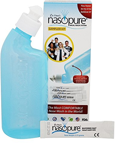 DR HANA'S NASOPURE El Mejor Neti | Sampler Kit | Botella 8 onzas con 4 salina tamponada paquetes | Alergias y alivio de la congestión nasal Wash