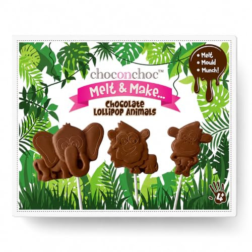 Choc on Choc - Melt and Make Your Own Chocolate Lollipops - Belgian Milk Chocolate DIY Kit for Kids - Fun Animal Shapes, Chef Hat, Lolly Sticks, Moulds & Instructions - 300g