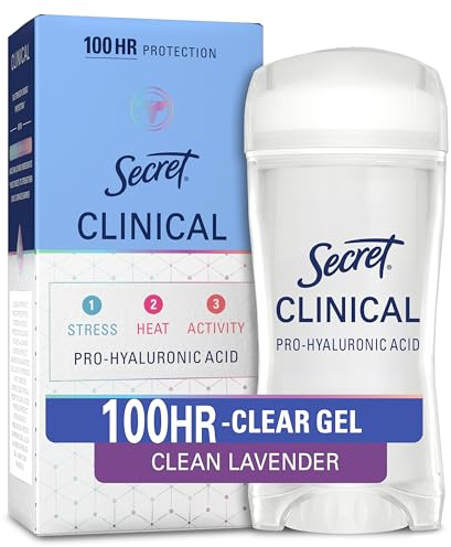 Secret Clinical Strength 100HR Sweat & Odor, Clear Gel Antiperspirant Deodorant for Women, 3X Stress Protection with Hyaluronic Acid, PH Balancing Minerals, Clear Lavender Scent, 2.6 oz