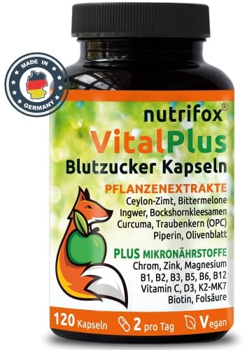 Nutrifox® - 120 Blutzucker Kapseln Vital Plus (Ceylon-Zimt, Chrom, Zink, OPC, Bittermelone, Bockshornkleesamen, Kurkuma, Ingwer, Vitamin B-Komplex, usw.) 2 Monate, von Beratern für Diabetes