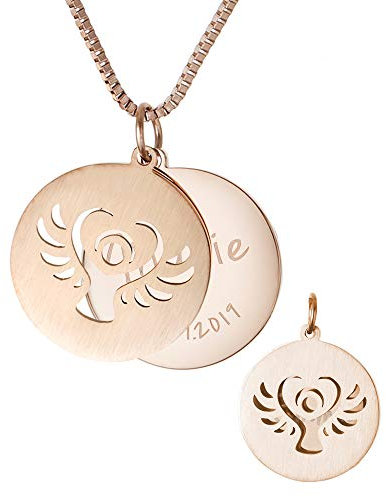 Gravado Collier en INOX avec 2 Pendentifs, Couleur Or Rose, Poinçon Ange, Gravure Personnalisée Prénom Date, 55 CM