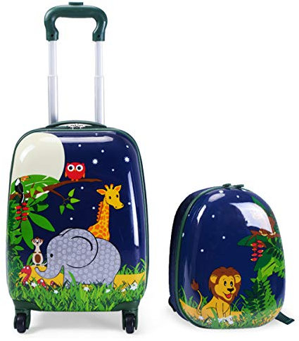 GOPLUS Valise Enfant Fille Garçon à roulettes, Valise Enfant 16” ＆Sac à Dos 12”, Hauteur de Poignée Réglable, Motifs Mignons et Divers, Espace Suffisant, Surface Etanche (Zoo)