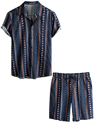 VATPAVE Herren Hawaii Hemd Blumen Sommer Outfit Männer Freizeit Kurzarm Strandhemd und Kurze Hosen 2 Teiler Set Festival Outfit Klein Marine
