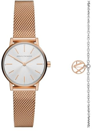 A|X ARMANI EXCHANGE Women's Rose Gold-Tone Stainless Steel Mesh Watch and Bracelet Gift Set (Model: AX7121), Rose Gold Mini Gift Set, Lola