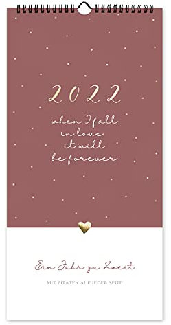 Planer für zwei 2022 I mit Zitaten I elegantes Hochformat als Wandkalender, Paarplaner mit 3 Spalten größe 22 x 44cm, Übersichtlicher Kalender 2022 zum Aufhängen für Paare
