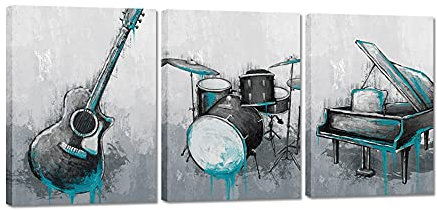 DuoBaorom 3-teiliges Musik-Leinwandbild, abstrakte Gitarre, Trommel, Klavier Musikinstrumente, moderne Kunstwerke für Schlafzimmer, Heimdekoration, fertig zum Aufhängen, 30.5 x 40.6 cm x 3 Stück
