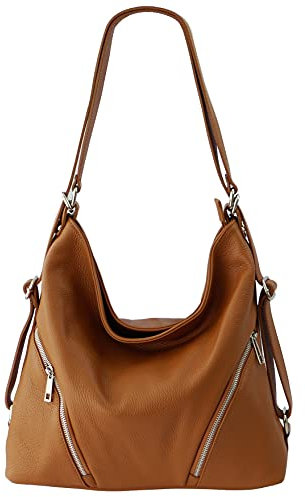 SH Leder 2in1 Handtasche Rucksack Damen Schultertasche DayPack CityRucksack aus Echt genarbt Leder (B 35cm x H 34cm xT 12cm) Sara G689 (Dunkel Cognac)