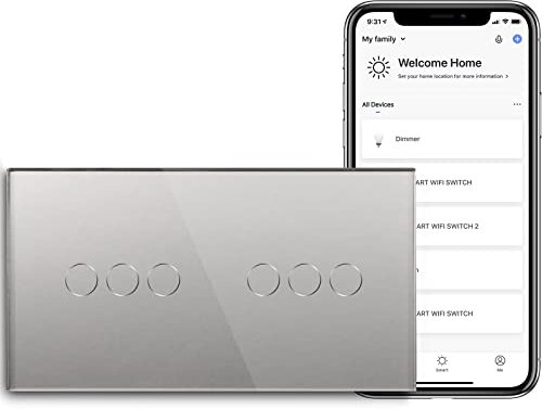 BSEED Doble WiFi Interruptor 3 Gang 1 Way (Se Necesita Línea Neutral) Alexa/Tuya/Smart Life Compatible, Glass Panel 157 * 86 Interruptor de luz de pared Gris