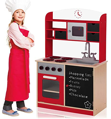 Bakaji Cocina de Madera de Juguete para niños con Puerta y cajones Pizarra Fregadero de plástico 4 hornillos Horno abatible y microondas Cierres magnéticos 60 x 30 x 90 cm (Rojo)