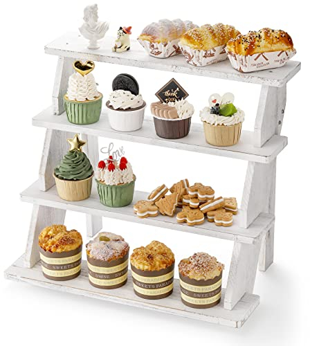 Hacaroa 4 Tier Wood Retail Stair Shelf Cupcake Stand, Whitewashed Rustic Display Riser Cascading Tabletop Spice Rack, Farmhouse Ladder Planter Leaning Shelf for Home, Garden, Retail Stores