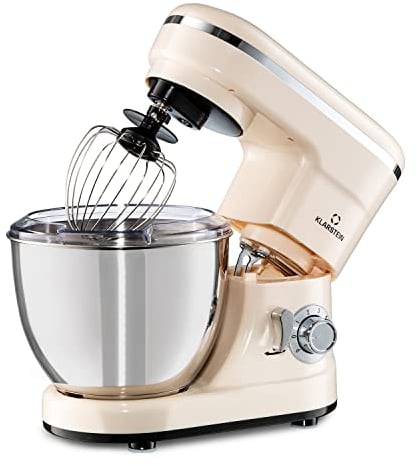 Klarstein Bella Küchenmaschine - Knetmaschine mit 6 Geschwindigkeitsstufen, Rührmaschne aus Edelstahl, Pulsfunktion, planetarischen Rührsystem, 3 Rühraufsätze, 1200 W Leistung, creme