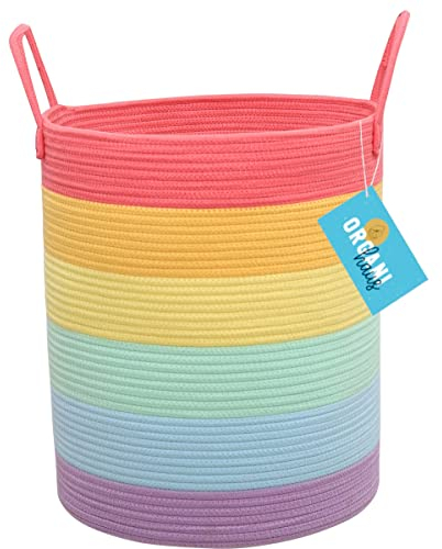 OrganiHaus Wäschekorb Kinderzimmer, Wäschekorb Henkel, Wäschekorb Rund, Laundry Baskets, Wäschekorb Kinder, Baumwollkorb, Korb Rund Groß, Blanket Basket, Korb Groß 38x45, Regenbogen