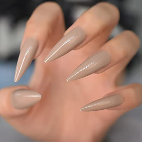 Lot de 24 faux ongles longs en acrylique brillant - Couleur naturelle - Marron clair