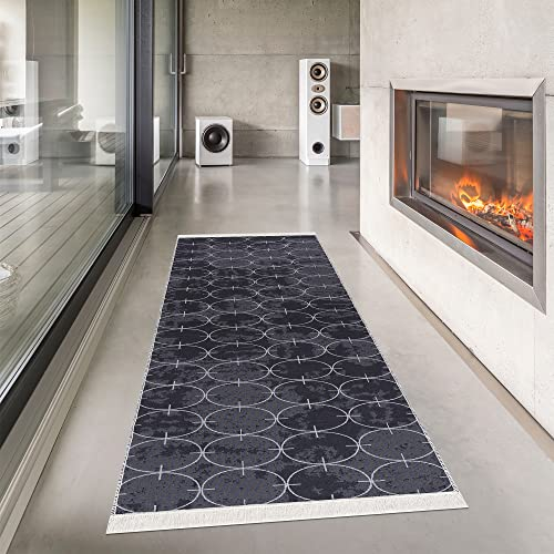 Pasha Home Teppich Läufer 80x300 cm Londra/Boho Teppich aus Baumwolle/Teppich für Wohnzimmer, Schlafzimmer, Küche, Bad, Kinderzimmer/Teppich Boho Style wendbar/Teppich Läufer grau-Navy blau
