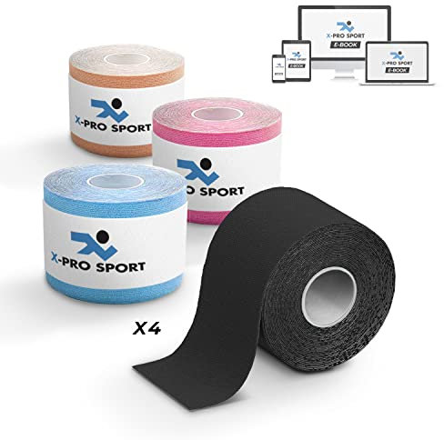 Kinesiologisches Tape 5m x 5cm, X-PRO SPORT Kinesio-Tape mit E-Book mit Anwendungsbeispielen, Muskelpflaster, Starkes widerstandsfähiges und elastisches Taping (4 X Colormix)
