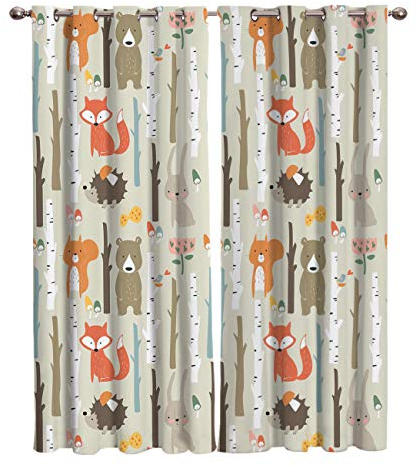Küchen Gardinen Blickdicht Vorhänge Cartoon Waldtier Fuchs Bär Kaninchen Wohnzimmer Kinderzimmer Verdunkelungsvorhang Wärmeisolierte Gardinen Mit Ösen Polyester 3D Effekt Druck Vorhänge, 2Er-Set 140