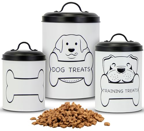 PURE HOME ESSENTIALS Metal Dog Treat Containers with Lids (Set of 3) – Customizable Chalk Labels & Chalk Included – Dog Food Storage/Dog Treat Jars for Kitchen Counter