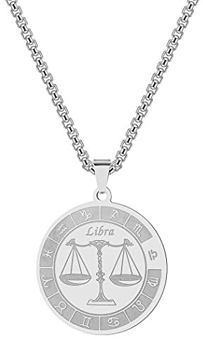 Libra Zodiac Sign Pendant Necklaces for Women Men 12 Constellation Charm Stainless Steel Astrology Horoscope Sign Disc Jewelry Birthday Gift (Libra-S)