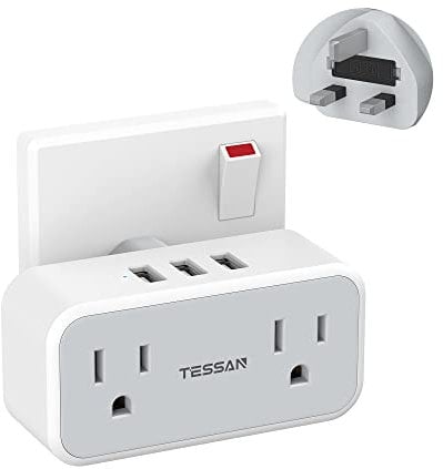 TESSAN US to UK Plug Adapter, American Plug Adapter USA to UK with 3 USB, American Travel Adaptor with 13A Fuse for America, Thailand, Canada, Japan, Mexico, Colombia (Type A and Type B)