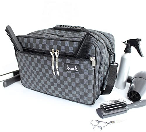 Kassaki Pro Hairdressing Tool Carry Hair Equipment Salon Storage Travel Bag Case Black and Grey Check